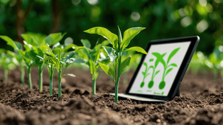 A modern approach to agriculture combines technology and nature. A tablet shows plant growth metrics alongside vibrant seedlings, highlighting the importance of digital tools in sustainable farming practices.の素材