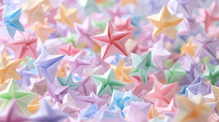 A whimsical composition of colorful paper stars in pastel shades, creating a dreamy and playful atmosphere. Perfect for craft and celebration themes.の素材
