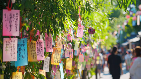 A vibrant display of colorful wishes hangs from bamboo at a summer festival. This joyful scene captures the spirit of community and cultural celebration.の素材