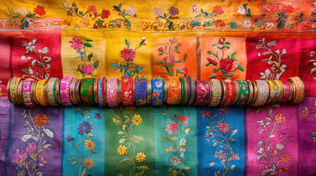 This image features a stunning array of colorful bangles laid across vibrant traditional fabric, showcasing rich craftsmanship and cultural heritage in jewelry design.の素材