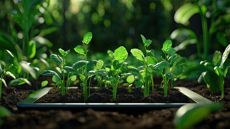 A creative image of green plants thriving in rich soil next to a smartphone, symbolizing the fusion of technology and nature in modern gardening practices.の素材