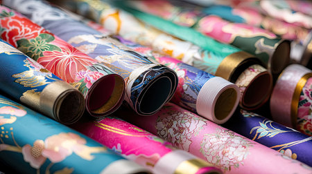 Explore the beauty of traditional Japanese fabric rolls, showcasing vibrant colors and intricate patterns, perfect for creative projects and inspirations.の素材