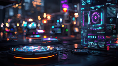Immerse yourself in a futuristic control room featuring vibrant neon lights and advanced digital displays, creating a captivating high-tech atmosphere. Perfect for sci-fi concepts.の素材