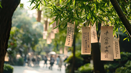 A beautiful bamboo tree adorned with hanging wish cards in an outdoor setting. The serene atmosphere reflects culture, nature, and spiritual expression.の素材