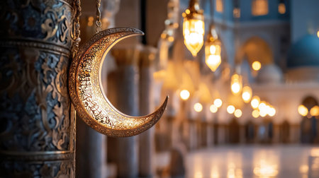 A beautifully crafted crescent moon lantern illuminates an enchanting space, blending intricate design with serene atmosphere, perfect for Islamic cultural settings.の素材