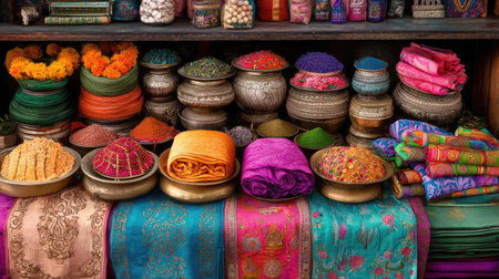 Explore the vibrant colors and textures of a traditional market display featuring an array of textiles and spices. A feast for the senses!の素材