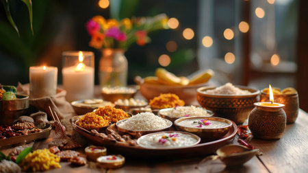A beautifully arranged festive table showcasing a variety of delicious dishes, lit by soft candlelight, creating a warm and inviting atmosphere perfect for celebration.の素材