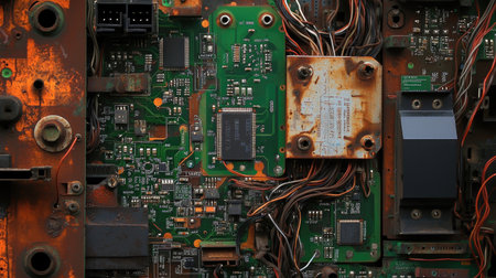 Detailed close-up of an intricate electronic circuit board featuring wires and microchips. Ideal for technology, engineering, and industrial themes.の素材