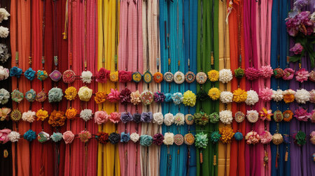 A vibrant display of colorful decorative ribbons and floral accents showcases a variety of textures and hues, perfect for crafts or festive occasions.の素材