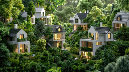 Discover a stunning depiction of modern eco-friendly houses nestled in lush greenery. These homes blend seamlessly with nature, creating a tranquil retreat.の素材