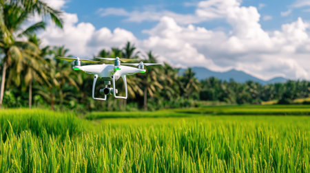 A drone flies over a vibrant green rice field, capturing the beauty of nature and modern technology in agriculture. This scenic landscape features lush plants against a backdrop of mountains and clouds.の素材