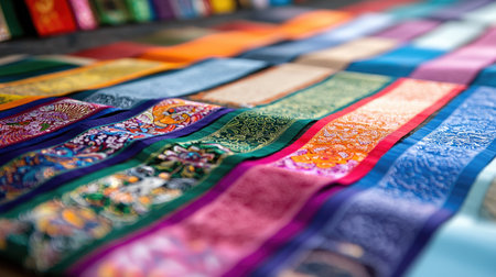 A vivid assortment of colorful textile patterns laid out in a craft studio. Showcasing unique designs and vibrant colors, this image captures creativity in textile arts.の素材