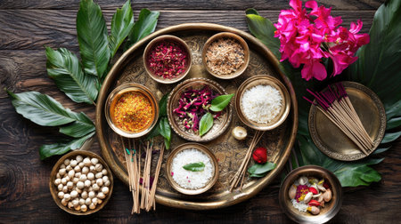 A vibrant display of assorted spices and herbs arranged on a vintage brass tray, complemented by delicate flowers and natural leaves, creating a stunning aesthetic.の素材