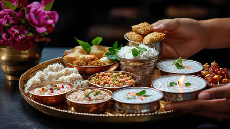 A beautifully arranged platter featuring traditional Indian sweets and savory dishes. Perfect for showcasing vibrant cuisine during festivals or celebrations.の素材