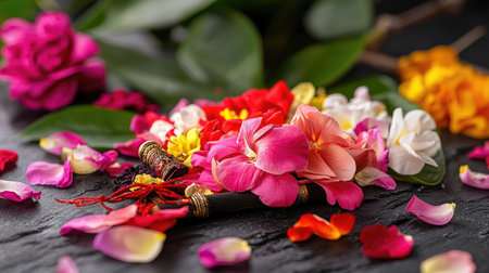 This image features an exquisite arrangement of colorful petals and flowers artistically spread on a black surface, creating a vibrant and serene atmosphere perfect for decoration or celebration.の素材