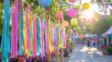 Experience the vibrant atmosphere of an outdoor celebration filled with colorful lanterns and festive decorations that evoke joy and community spirit.の素材