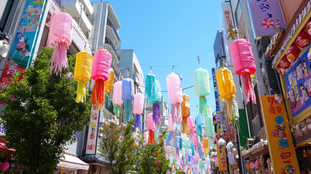 A vibrant scene capturing colorful lanterns hanging over a street during a festival, celebrating culture and community spirit under a clear blue sky.の素材