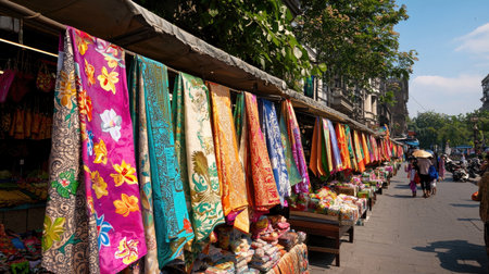 A lively market scene featuring vibrant silk fabrics hanging from stalls, showcasing colorful patterns and designs. Perfect for capturing the essence of local culture.の素材
