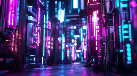 Explore a vibrant futuristic cityscape filled with neon lights and high-tech elements. This mesmerizing scene captures the essence of a modern urban environment.の素材