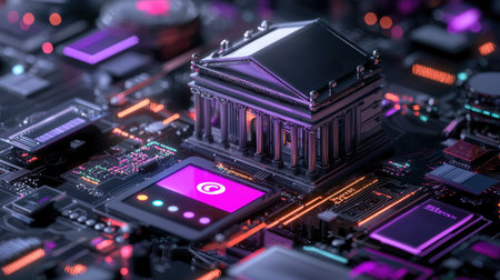 Explore a stunning depiction of a futuristic structure atop a circuit board, illuminated by vibrant lights. A blend of technology and art in a mesmerizing design.の素材