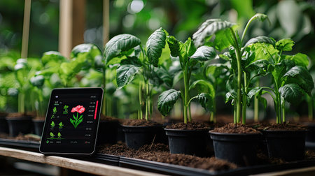 A sleek tablet displays data in a vibrant greenhouse where healthy seedlings grow in black pots, showcasing the integration of technology and sustainable agriculture practices.の素材