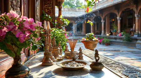 A tranquil indoor space featuring a beautifully arranged table with incense, flowers, and traditional decor. Perfect for evoking calmness and spirituality.の素材