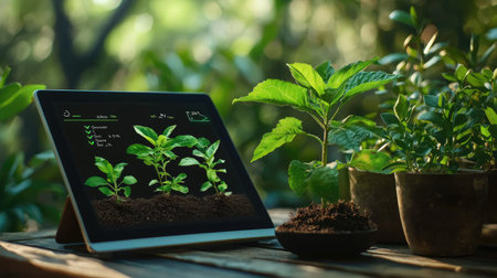 A tablet displays a digital gardening interface alongside vibrant young plants on a rustic wooden table, highlighting the connection between technology and nature.の素材