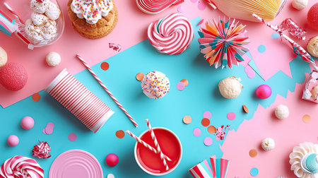 A vibrant assortment of desserts and party decorations arranged playfully on a bright pink and blue background, perfect for celebrations and sweet moments.の素材