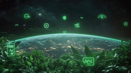 A captivating view of Earth from space, adorned with glowing green data visuals and technology elements, emphasizing the harmony between nature and digital innovation.の素材