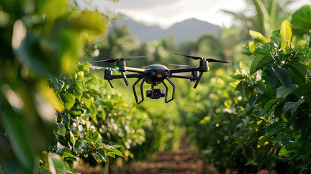 Aerial view of a drone flying above lush green crop fields, capturing the essence of modern agriculture. This image showcases technology enhancing farming practices.の素材