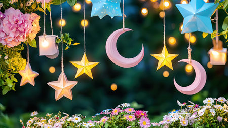 A beautiful scene featuring decorative paper stars and moons hanging among flowers, creating a whimsical and charming outdoor ambiance perfect for celebrations.の素材