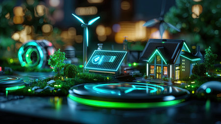 This vibrant image showcases a futuristic eco-friendly home utilizing renewable energy sources, emphasizing harmony between technology and nature in urban settings.の素材