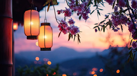 This captivating image features delicate lanterns glowing warmly beside cherry blossoms, creating a serene and picturesque sunset scene in nature.の素材