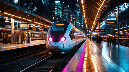 A sleek high-speed train arrives at an illuminated urban station at night. The dynamic scene showcases modern architecture and vibrant city lights, highlighting the energy of city life.の素材
