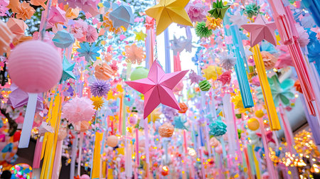 This image showcases a captivating display of colorful decorations featuring paper stars and flowers hanging from above, creating a vibrant, festive atmosphere.の素材