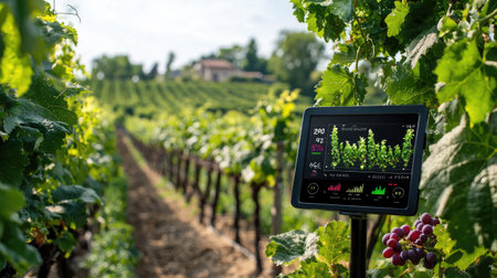 A smart sensor stands among lush grapevines in a vineyard, capturing data on plant health and environmental conditions, showcasing innovative agricultural technology.の素材