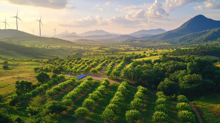 A stunning aerial view of a green landscape featuring wind turbines, rolling hills, and a serene environment. Ideal for themes of sustainability and nature.の素材