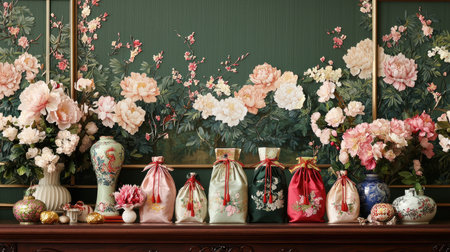 This captivating image showcases an elegant arrangement of floral decor and traditional pouches, set against a rich backdrop, highlighting cultural artistry and beauty.の素材