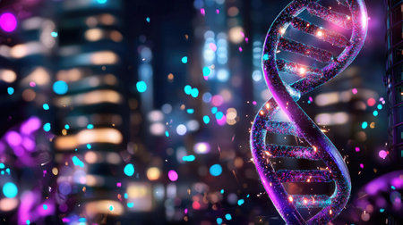 A stunning digital representation of a colorful DNA helix against an abstract bokeh background, showcasing vibrant lights and a magical glitter effect, symbolizing innovation in science and genetics.の素材