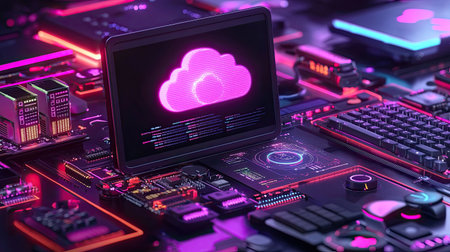 Explore a vibrant display of modern technology, featuring a cloud icon on a glowing screen surrounded by intricate circuit board elements. Perfect for tech enthusiasts.の素材