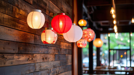 Vibrant lanterns in red and white hang beautifully in a cozy restaurant, enhancing the warm ambiance with their soft glow against a rustic wooden wall.の素材
