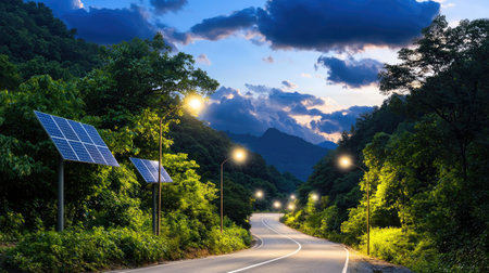 A tranquil roadside setting showcasing solar panels alongside a winding road. The scene captures the blend of nature and technology during dusk with soft lighting and scenic mountains.の素材