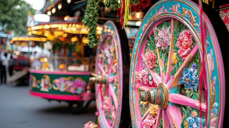 An intricate view of colorful, ornate wheels from a carnival attraction, showcasing vibrant artistry and the lively atmosphere of a celebration in an outdoor setting.の素材