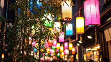 A stunning view of a lively night market filled with colorful lanterns, creating a festive atmosphere. The vibrant lights enhance the cultural experience and excitement.の素材