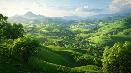 Scenic landscape featuring lush green hills, wind turbines, and a bright blue sky. A perfect illustration of renewable energy harmonizing with nature.の素材