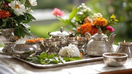 An elegant display of traditional silverware accompanied by vibrant flowers and soft candles, perfect for showcasing cultural hospitality and festive decor.の素材