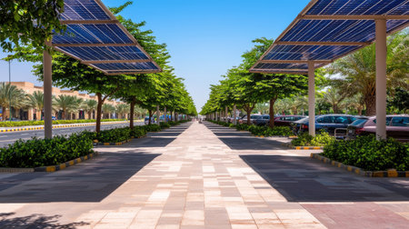 A bright and inviting urban street features rows of solar panels and lush trees, creating a tranquil atmosphere perfect for walking. The clear sky enhances the beauty of this eco-friendly environment.の素材