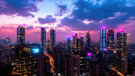 A breathtaking view of a vibrant city skyline at sunset, showcasing colorful lights illuminating tall buildings against a stunning evening sky.の素材