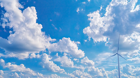 A breathtaking view of a clear blue sky adorned with fluffy white clouds, complemented by a wind turbine in the foreground, symbolizing renewable energy and sustainability.の素材
