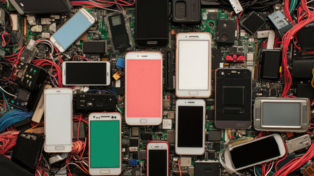 A captivating layout of various mobile phones and electronic circuit boards, highlighting technology's integration. Ideal for tech-focused content and innovation themes.の素材